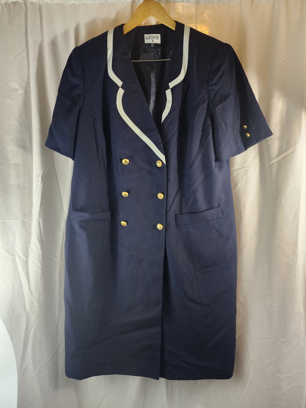 Kasper Navy Short-Sleeve Double-Breasted Dress with White Piping